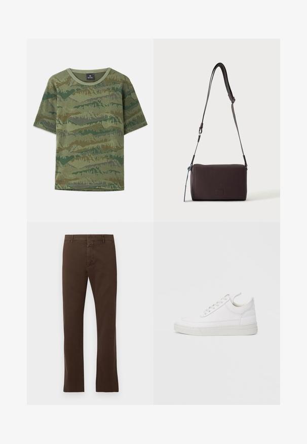 Grøn camouflage T-shirt lavet af bomuld. Korte ærmer, rund halsudskæring, med et lagdelt bjergmønster i varierende nuancer af grøn og brun.; CLOSED CLIFTON TRUE - Chino - espresso brown; Hvid lædersneaker med rundet tå, flad sål og snørebånd foran. Har syningsdetaljer og polstret krave for komfort.; Mørkebrun textured læder crossbody taske med justerbar rem og lille dekorativ blå accent på siden.