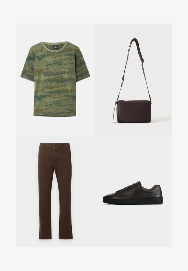 Grünes Camouflage-T-Shirt aus Baumwolle. Kurze Ärmel, runder Halsausschnitt, mit einem geschichteten Bergmuster in verschiedenen Grüntönen und Brauntönen.; CLOSED CLIFTON TRUE - Chino - espresso brown; Flach geschnittener dunkelbrauner Ledersneaker mit schwarzer Gummisohle, Schnürung vorne und schlicht-minimalistischem Design auf hellem Hintergrund.; Dunkelbraune, strukturierte Leder-Crossbody-Tasche mit verstellbarem Riemen und kleinem dekorativen blauen Akzent an der Seite.