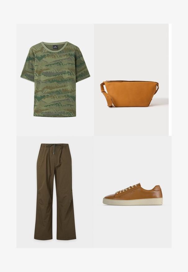 Grünes Camouflage-T-Shirt aus Baumwolle. Kurze Ärmel, runder Halsausschnitt, mit einem geschichteten Bergmuster in verschiedenen Grüntönen und Brauntönen.; Olivgrüne Freizeithose mit elastischem Bund und vorderem Kordelzug, geradem Bein und entspannter Passform.; Brauner Low-Top-Ledersneaker mit cremefarbenen Schnürsenkeln und dicker cremefarbener Gummisohle, seitlich auf weißem Hintergrund dargestellt.; Hellbraune Leder-Umhängetasche mit verstellbarem Schulterriemen und Reißverschluss, vor einem schlichten hellen Hintergrund gezeigt.