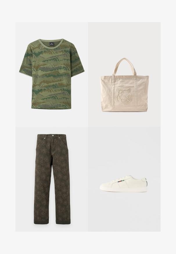 Grøn camouflage T-shirt lavet af bomuld. Korte ærmer, rund halsudskæring, med et lagdelt bjergmønster i varierende nuancer af grøn og brun.; Mørkegrønne bukser med subtil blomsterprint, frontknap, lommer og opsmøgede kanter.; Lysebeige sneakers med en glat tekstur, snørelukning og farverig stribet detalje på siden. Hvid gummisål. Ensfarvet bagtil.; Beige lærredsnettaske med dobbelte håndtag og et præget ulvehoveddesign på forlommen.