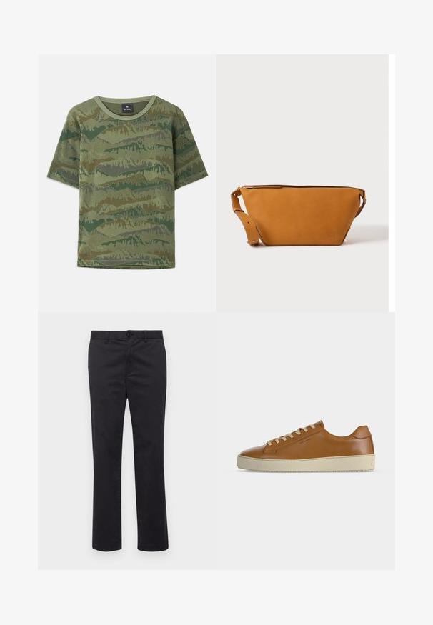 Camiseta de camuflaje verde hecha de algodón. Manga corta, cuello redondo, que presenta un patrón de montañas en capas en diferentes tonos de verde y marrón.; Pantalones de algodón negros con un diseño de pierna recta, que cuentan con cierre de botón y passantes para el cinturón. Textura suave, sin patrones ni acentos visibles.; Zapatilla baja de piel marrón con cordones crema y suela gruesa de goma crema mostrada de perfil lateral sobre fondo blanco.; Bolso bandolera de cuero marrón claro con correa ajustable y cierre de cremallera, mostrado sobre un fondo claro y liso.