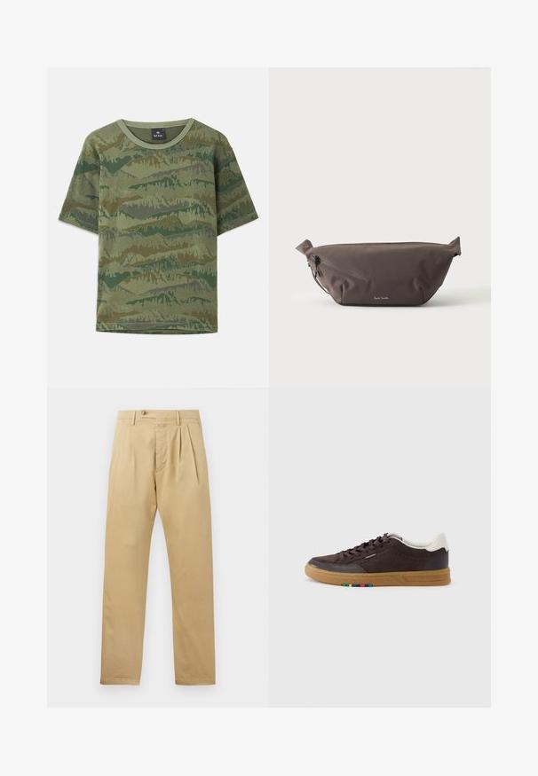 Camiseta de camuflaje verde hecha de algodón. Manga corta, cuello redondo, que presenta un patrón de montañas en capas en diferentes tonos de verde y marrón.; CLOSED BERGEN TAPERED - Pantalones chinos - beige; Zapatilla deportiva de ante marrón oscuro con suela de goma, lengüeta blanca en el talón, diseño con cordones y pequeño detalle multicolor en el lateral de la suela.; Riñonera de tela marrón oscuro con bolsillo diagonal con cremallera y pequeño logo blanco en el frontal, sobre un fondo liso y claro.