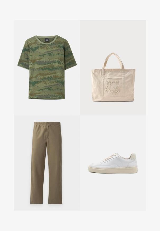 Grünes Camouflage-T-Shirt aus Baumwolle. Kurze Ärmel, runder Halsausschnitt, mit einem geschichteten Bergmuster in verschiedenen Grüntönen und Brauntönen.; Khaki-Hosen aus leichtem Stoff. Mit einem elastischen Bund, einem Knopfverschluss, geraden Beinen und einer glatten Textur.; Weiße Sneaker mit einem glatten Lederobermaterial, beigen Schnürsenkeln und einer strukturierten, beigen Wildleder-Fersenschlaufe. Erhöhte Sohle für zusätzlichen Komfort.; Beige Canvas-Tragetasche mit doppelten Griffen und einem geprägten Wolfskopfdesign auf der Fronttasche.