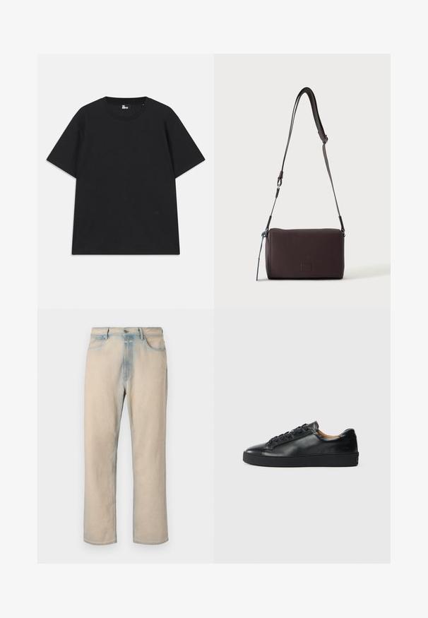 Zwart kortebril T-shirt van katoen, met een ronde hals en een klein logo detail near de zoom. Gladde textuur, normale pasvorm.; Licht beige denim jeans met een rechte pijpdesign, vervaagde blauwe accenten, vijf zakken en een knoopsluiting in de taille.; Zwarte leren sneaker met een gladde textuur, ronde neus en vetersluiting. Heeft een dikke rubberen zool en minimale merkaanpassing.; Donkerbruine gestructureerde leren crossbodytas met verstelbare riem en klein decoratief blauw accent aan de zijkant.