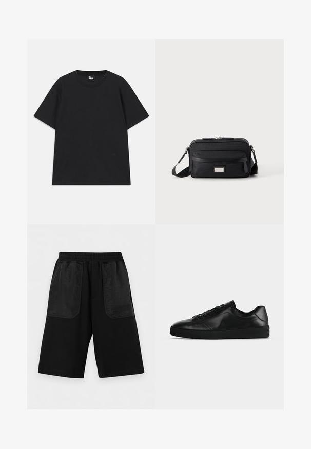 Schwarzes Kurzarm-T-Shirt aus Baumwolle mit rundem Halsausschnitt und einem kleinen Logo-Detail am Saum. Glatte Textur, reguläre Passform.; Schwarze knielange Shorts mit elastischem Bund und zwei großen vorderen Nylon-Taschen, mit dezentem Versace Jeans Couture Logo auf der rechten Tasche.; Niedrig geschnittener schwarzer Ledersneaker mit Schnürung vorne und strukturierter flacher Sohle, seitlich auf neutralem Hintergrund gezeigt.; Schwarze rechteckige Umhängetasche mit vorderer Reißverschlusstasche, verstellbarem Riemen und silberner rechteckiger Logo-Plakette auf einfarbigem Hintergrund.