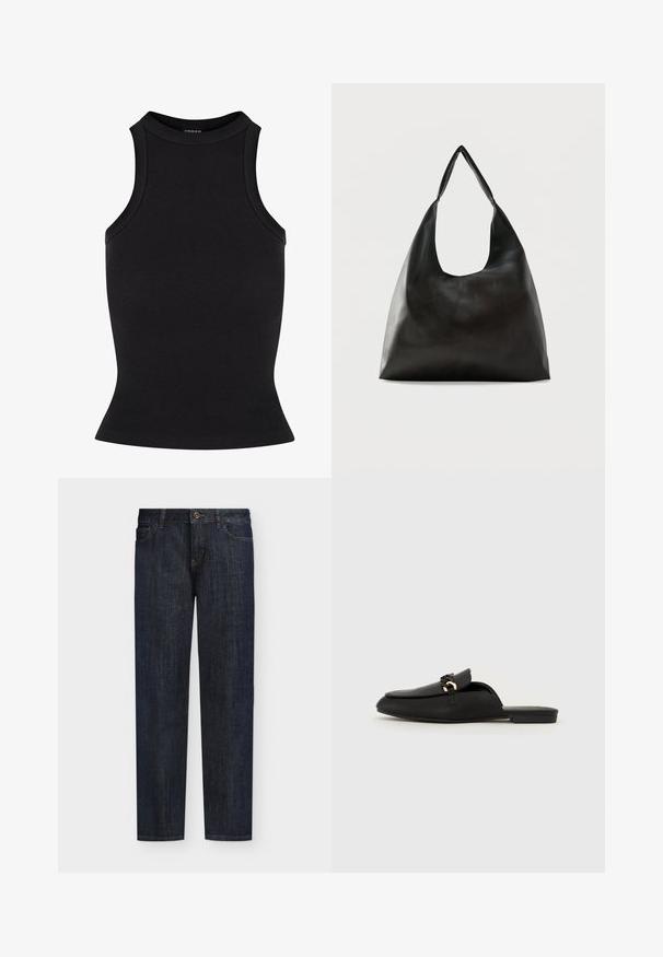 Μαύρο ριγέ tank top με υψηλή λαιμόκοψη και εφαρμοστή σιλουέτα. Λείο υλικό χωρίς ορατά διακοσμητικά στοιχεία ή σχέδια.; Σκούρο μπλε τζιν με ίσια γραμμή, μπροστινές τσέπες και κούμπωμα με κουμπί σε λευκό φόντο.; Μαύρο γλιστρώτο παπούτσι από λείο δέρμα. Διαθέτει στρογγυλή μύτη, διακοσμητική πλεγμένη ζώνη και μικρή χρυσή λεπτομέρεια. Σολοί επίπεδος.; Μαύρη λείο δερμάτινη τσάντα ώμου με φαρδιά, μονή λαβή και άνετο, μίνιμαλ σχέδιο πάνω σε απλό φόντο.