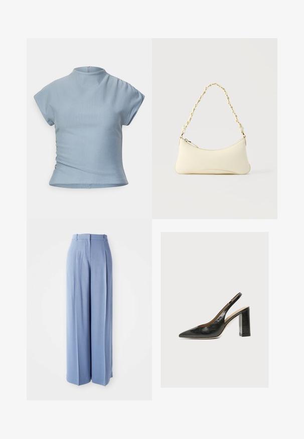 Top corto de manga corta en azul claro con un alto cuello, diseño ajustado, detalles fruncidos en los hombros y una cremallera oculta en la parte posterior.; Pantalones de pierna ancha en azul claro con una textura suave, que presentan pliegues y trabillas en la cintura, diseñados para un ajuste relajado.; Zapato de mujer slingback de piel negra con puntera puntiaguda y tacón alto grueso de bloque sobre fondo blanco.; Bolso pequeño de color crema con forma curva y asa de cadena trenzada en tono dorado, cierre con cremallera en la parte superior