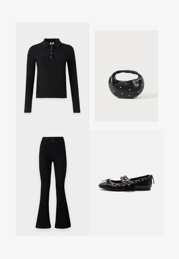 Polo negro de manga larga con canalé, cuello y cuatro botones de ojal metálicos en la tapeta.; Pepe Jeans FLARE CONTOUR - Vaqueros a campana - black denim; Zapato de ballet plano negro con correas de doble hebilla, ojales plateados y un pequeño lazo cerca de la puntera redondeada sobre un fondo blanco.; Bolso de mano de cuero negro con forma redondeada, decorado con detalles de tachuelas plateadas y un asa corta. Textura lisa y cierre con cremallera.