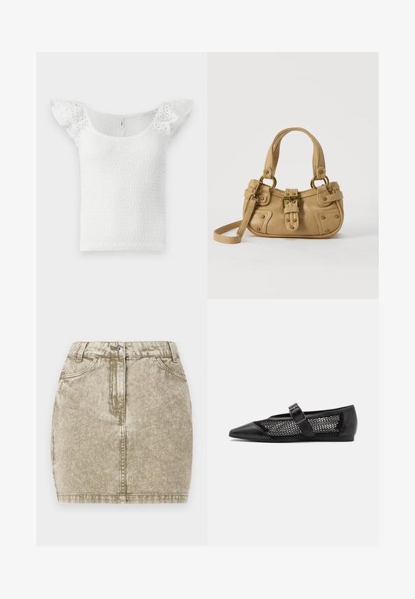 Haut blanc avec un design smocké, un large col et des manches courtes en dentelle avec volants, présentant une surface texturée dans l'ensemble.; Jupe en denim kaki avec une finition texturée, cinq poches, fermeture à boutons à l'avant et détails cousus le long des bords.; Chaussure plate noire avec un bout pointu, panneaux latéraux en maille et une sangle avec une boucle décorative. Fini lisse sur les sections du bout et du talon.; Sac à main en cuir beige avec double poignées, boucle en laiton et détails rivetés, ainsi qu'une bandoulière réglable sur fond blanc.