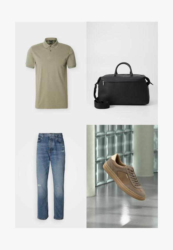 Polo pour homme vert olive à manches courtes avec patte à deux boutons et logo "BOSS" brodé sur la poitrine.; Jean en denim bleu clair au design droit, avec une fermeture à bouton et zip, cinq poches et des détails usés près des genoux.; Baskets décontractées beiges avec lacets et logo « BOSS », flottant au-dessus d’un sol en béton poli avec un mur en blocs de verre en arrière-plan.; Sac de voyage en cuir noir avec deux poignées supérieures, une bandoulière amovible et une poche avant zippée pour un espace de rangement supplémentaire.