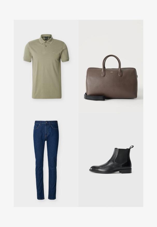 Polo pour homme vert olive à manches courtes avec patte à deux boutons et logo "BOSS" brodé sur la poitrine.; Jean en denim bleu foncé à coupe slim, design à cinq poches, coutures visibles et fermeture par bouton à la taille. Texture lisse.; Bottine en cuir noir avec des panneaux latéraux élastiques, bout rond et tirette. Texture lisse, semelle plate, design minimaliste.; Sac de sport en cuir marron avec deux poignées, une bandoulière noire réglable et un petit logo "BOSS" au centre à l'avant.