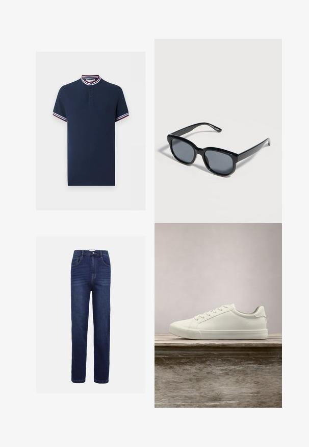 Polo bleu marine à manches courtes avec trois boutons, col et poignets rayés en blanc, bleu marine et bordeaux.; Jean en denim bleu foncé, avec un design à jambe droite, cinq poches, une fermeture à bouton et de subtils détails de couture horizontale.; Sneaker en dentelle blanche flottant au-dessus d'un banc en bois avec un feuillage vert en arrière-plan, mettant en valeur le design et la texture de la chaussure.; Lunettes de soleil rectangulaires noires avec verres foncés et montures épaisses, posées sur une surface claire.