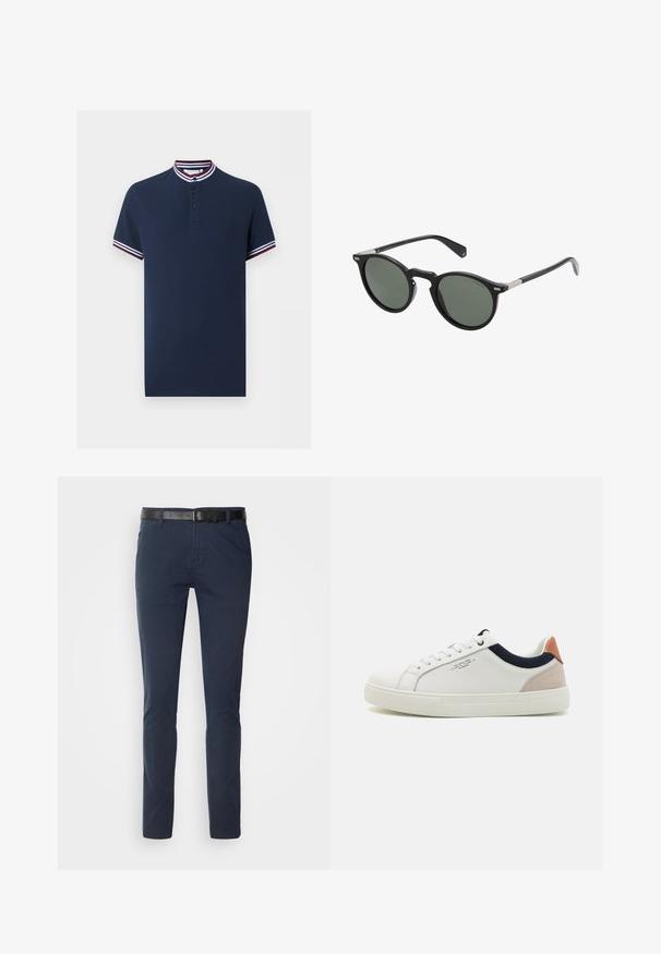 Polo bleu marine à manches courtes avec trois boutons, col et poignets rayés en blanc, bleu marine et bordeaux.; Pantalons en coton bleu marine avec une coupe ajustée, dotés d'une ceinture en cuir noir texturé et de poches classiques. Design épuré, sans motifs.; Baskets en cuir blanc avec un design bas, accent en tissu bleu marine sur le col et onglet de talon en daim rose pâle. Semelle en caoutchouc.; Lunettes de soleil rondes noires avec des verres verts foncés, monture en plastique et accents en métal sur les branches. Texture lisse, design minimaliste.