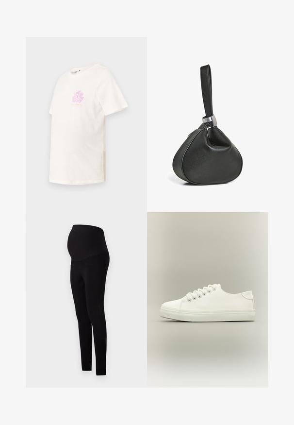 T-shirt à manches courtes, col rond en coton blanc cassé, présentant un motif floral pastel rose sur la poitrine et une coupe décontractée.; Leggings de maternité noirs avec une taille haute ajustée et des poches, fabriqués à partir d'un tissu extensible et lisse pour le confort et le soutien.; Baskets basses blanches avec lacets blancs et semelle en caoutchouc, vues de côté sur un fond neutre.; Sac bracelet en cuir noir avec une forme triangulaire douce et une large sangle attachée par une boucle en métal argenté.