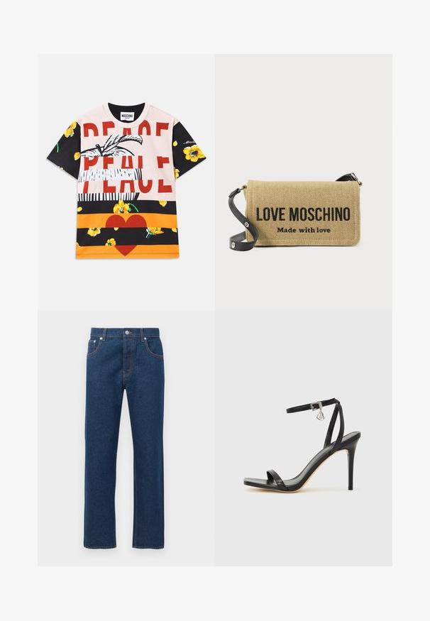 Baumwoll-T-Shirt mit einer grafischen Mischung aus floralen Mustern, dem kräftigen Text "PEACE" in Rot und gestreiften Abschnitten in Schwarz, Orange und Creme.; Gerade geschnittene, dunkelblaue Denim-Jeans mit Front- und Gesäßtaschen, Gürtelschlaufen, Knopfverschluss und sichtbaren orangefarbenen Nähten.; Schwarze High-Heel-Sandale mit schmalem Knöchelriemen, quadratischer Zehenbox, glattem Leder und metallischem Schnallenakzent.; Beige gewebte Umhängetasche mit schwarzem verstellbarem Riemen, auf der vorderen Klappe mit fettem schwarzen Text "LOVE MOSCHINO Made with love".
