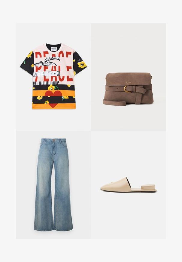 Bomulds T-shirt med et grafisk mix af blomster mønstre, fed "PEACE" tekst i rødt, og stribede sektioner i sort, orange og creme.; Lys blå vide jeans lavet af denim. Har en frontknaplukning, bæltestropper og to sidelommer. Ren, minimalistisk design.; Beige lædermules med spids tå-design, flad hæl og en lille cirkulær hældetalje, som viser en glat tekstur og minimalistisk stil.; Brun ruskind crossbody taske med frontklap, dekorativt rem med guldbeslag og tynd skulderrem på hvid baggrund.