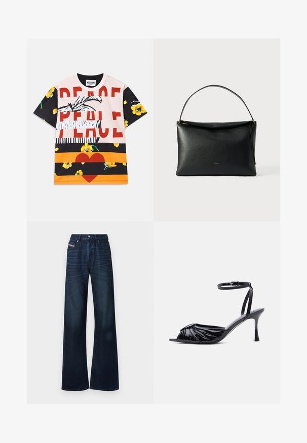 Bomulds T-shirt med et grafisk mix af blomster mønstre, fed "PEACE" tekst i rødt, og stribede sektioner i sort, orange og creme.; Mørkeblå jeans med vide ben lavet af denim. Har knaplukning, design med fem lommer og subtil falming foran.; Sort højhælet sandal i laklæder med åben tå, rynket frontdesign og justerbar ankelrem med spænde.; Sort læderhåndtaske med en glat tekstur, et buet håndtag og en lynlåsdetaile i guldton. Minimalistisk design med et diskret logo.