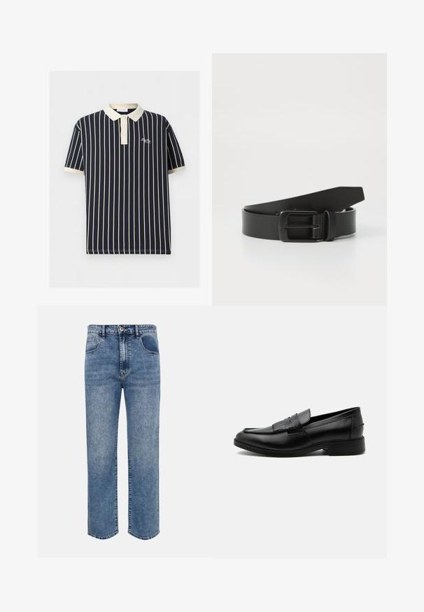 Polo bleu marine avec fines rayures verticales blanches, col blanc, patte à trois boutons et petit logo blanc brodé sur la poitrine.; Jeans en denim bleu coupe droite avec poches avant, passants pour ceinture, fermeture par bouton et délavage effet usé.; Mocassin homme en cuir noir avec détail pompon, bout arrondi, talon bas et finition polie lisse, montré de profil sur fond blanc.; Ceinture en cuir noir avec une boucle en métal noir mat, présentant une texture lisse et un design simple. Longueur réglable avec une extrémité effilée.