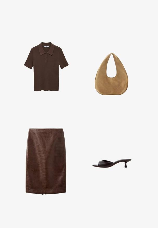 Bruine polo met korte mouwen, gemaakt van ribbelstof, met een kraag en een knoopsluiting met drie knopen. Heeft een effen kleur en een relaxte pasvorm.; Donkerbruine kokerrok van nep krokodillenleer met een kleine voorste split aan de zoom, knielengte, zonder zichtbare sluitingen of versieringen.; Zwarte muil met open teen, lage gebogen hak en een glad leren bovenzijde tegen een witte achtergrond.; Camelkleurige suède hobo tas met brede, afgeronde vorm en een enkel plat handvat, weergegeven tegen een effen witte achtergrond.