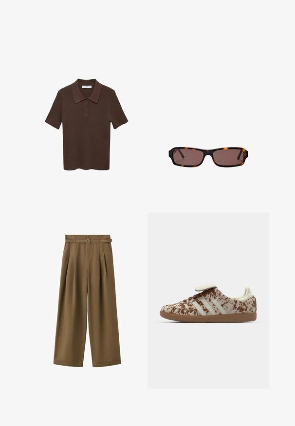 Brun T-shirt polo med korte ærmer lavet af ribbet materiale med krave og tre-knaps lukning. Har en ensfarvet design og en afslappet pasform.; Brune, højtaljede bukser med vidde i benene, plisseringer og et matchende stofbælte med sølvspænde.; Sneaker med et beige og brunt spraglet mønster, med tre hvide striber, en velcrostrop og en brun gummisål.; Rektangulære skildpaddemønstrede solbriller med mørkebrune linser og slanke arme, vist mod en hvid baggrund.