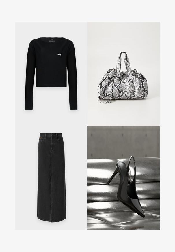 Zwarte lange mouwen crop top van katoen met een ronde halslijn en geborduurd "GAP" logo in het wit op de borst. Gladde textuur.; Zwarte denim maxi rok met een rechte snit, vijf zakken en een split aan de voorkant. Voorzien van een knoopsluiting en subtiele stikdetails.; Glanzende zwarte slingback pump met hoge hak, gebalanceerd op een glanzend zilverkleurig metalen kussen met een gladde textuur.; Zwart-wit handtas met slangenhuidpatroon, voorzien van twee handvaten, een trekkoordsluiting en een afneembare schouderriem. Hanteert een gladde textuur.