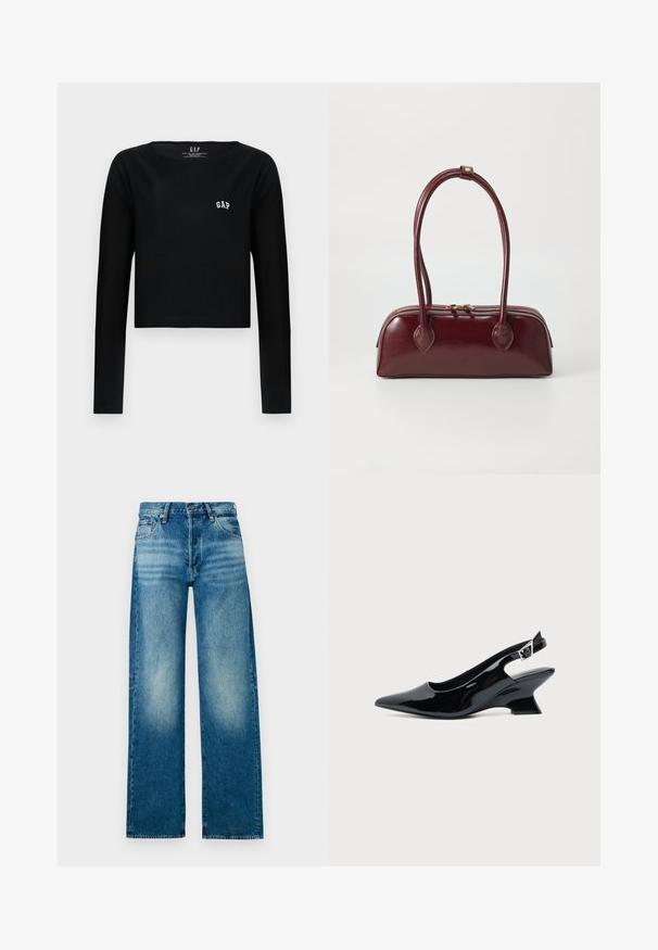 Zwarte lange mouwen crop top van katoen met een ronde halslijn en geborduurd "GAP" logo in het wit op de borst. Gladde textuur.; Lichtblauwe denimjeans met een hoge taille, wijde pijpen en een vervaagde afwerking. Voorzien van een klassiek five-pocket ontwerp en metalen knoopsluiting.; Zwarte lakleren slingback schoen met spitse neus en lage schuine blokhak op een effen lichte achtergrond.; Bordeaux leren handtas met een gebogen vorm, dubbele handvatten, ritssluiting en subtiele stiksels. Gladde, hoogglanzende afwerking.