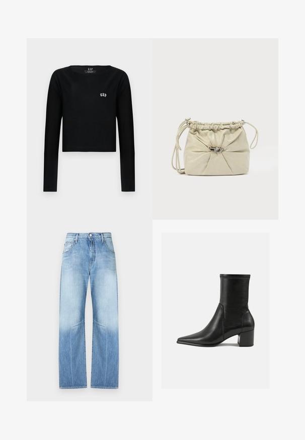 Sort langærmet crop top i bomuld med rund halsudskæring og hvid broderet "GAP" logo på brystet. Glat tekstur.; Lysblå cowboybukser med høj talje, brede lige ben, forreste knaplukning og fem-lomme design.; Sorte ankelstøvler lavet af glat læder, med spids tå, en blokhæl og markant hævet syning ved den øverste kant.; Blød beige skuldertaske i læder med rynket top, sølvfarvet tryk-lås-lukning og tynd justerbar skulderrem på hvid baggrund.