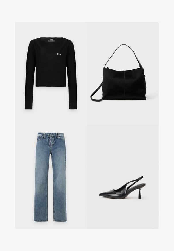 Sort langærmet crop top i bomuld med rund halsudskæring og hvid broderet "GAP" logo på brystet. Glat tekstur.; Blå denimjeans med lige ben og snørelukning foran med metaløjer, vist mod en hvid baggrund.; Sort læderslagback højhælet sko med spids tå og slank hæl på en hvid baggrund.; Sort skuldertaske med en glat, tekstureret overflade, prydet med en enkelt rem og en lynlåslukning øverst. Kompakt rektangulær form.