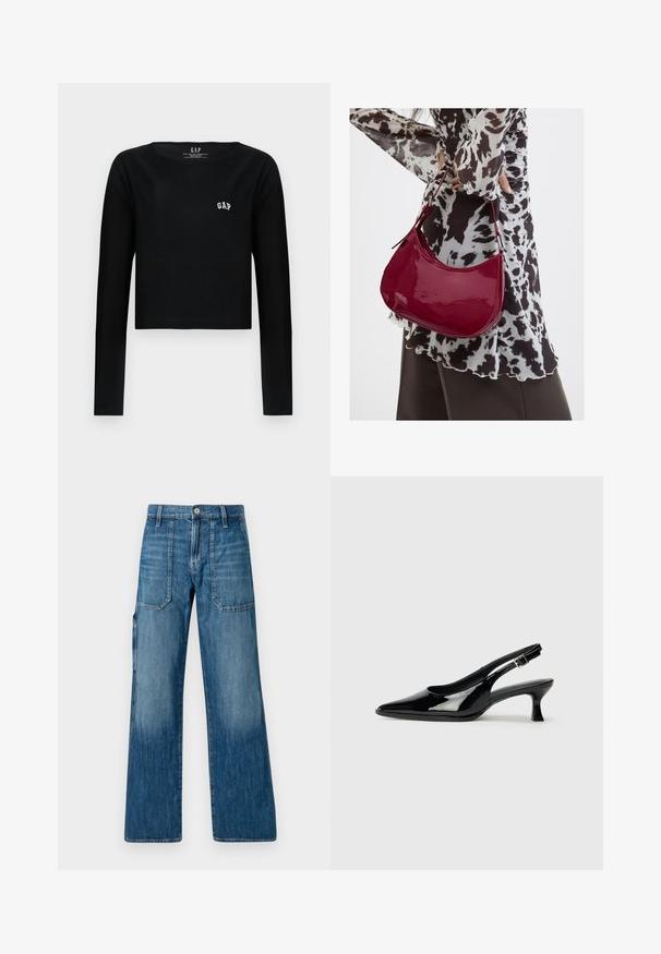 Sort langærmet crop top i bomuld med rund halsudskæring og hvid broderet "GAP" logo på brystet. Glat tekstur.; Denim bukser med brede ben i medium blå. Har en høj talje, forlommer og en lige pasform. Har en falmet tekstur og minimal syning.; Sorte patenterede slingback-sko med spidse tæer og lav blokhæl. Justerbar spænde-rem ved anklen.; Kvinde iført en sort- og hvidmønstret bluse, der holder en blank rød skuldertaske mod en ensfarvet baggrund.