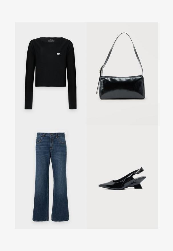 Zwarte lange mouwen crop top van katoen met een ronde halslijn en geborduurd "GAP" logo in het wit op de borst. Gladde textuur.; Donkerblauwe wijde jeans met klassiek ontwerp met vijf zakken, voorzien van een knoopsluiting en subtiele vervaging. Gemaakt van denimstof.; Zwarte lakleren slingback schoen met spitse neus en lage schuine blokhak op een effen lichte achtergrond.; Zwarte rechthoekige schoudertas met een enkele verstelbare band en een bovenste ritssluiting op een effen achtergrond.