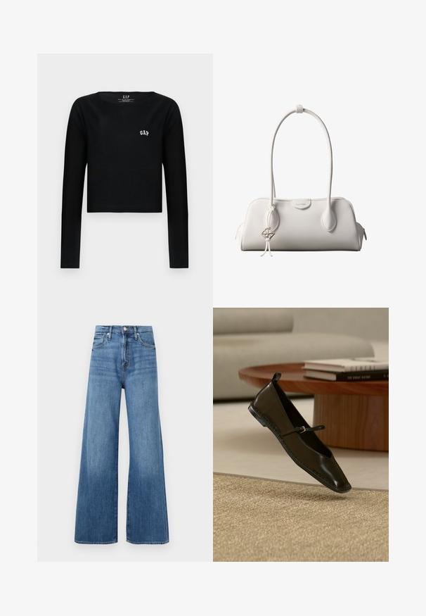 Sort langærmet crop top i bomuld med rund halsudskæring og hvid broderet "GAP" logo på brystet. Glat tekstur.; Blå højtaljede vidde jeans med knap- og lynlåslukning, forlommer og diskret fading på stoffet.; Sort Mary Jane flad sko i læder, svævende over et beige vævet tæppe med et rundt træbord og stablede bøger i baggrunden.; Hvid Calvin Klein skuldertaske med lange håndtag, rektangulær form, lynlåslukning og dekorativt logohæng tæt på håndtaget.