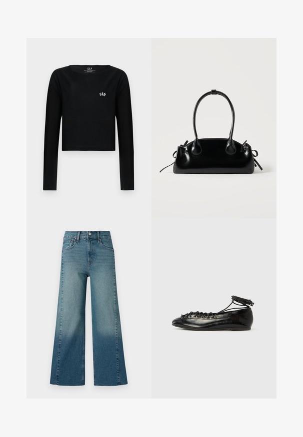 Zwarte lange mouwen crop top van katoen met een ronde halslijn en geborduurd "GAP" logo in het wit op de borst. Gladde textuur.; Brede pijpen jeans in een middelmatige blauwe wassing, met een gradient effect van donker naar licht. Gemaakt van denim met een traditionele vijf-pocketstijl.; Zwarte ballerina's van lakleer met een afgeronde neus, veterdesign en een platte zool. Glad oppervlak met minimale details.; Kleine zwarte glanzende handtas met twee lange hengsels en zijkant trekkoord details op een effen lichte achtergrond.