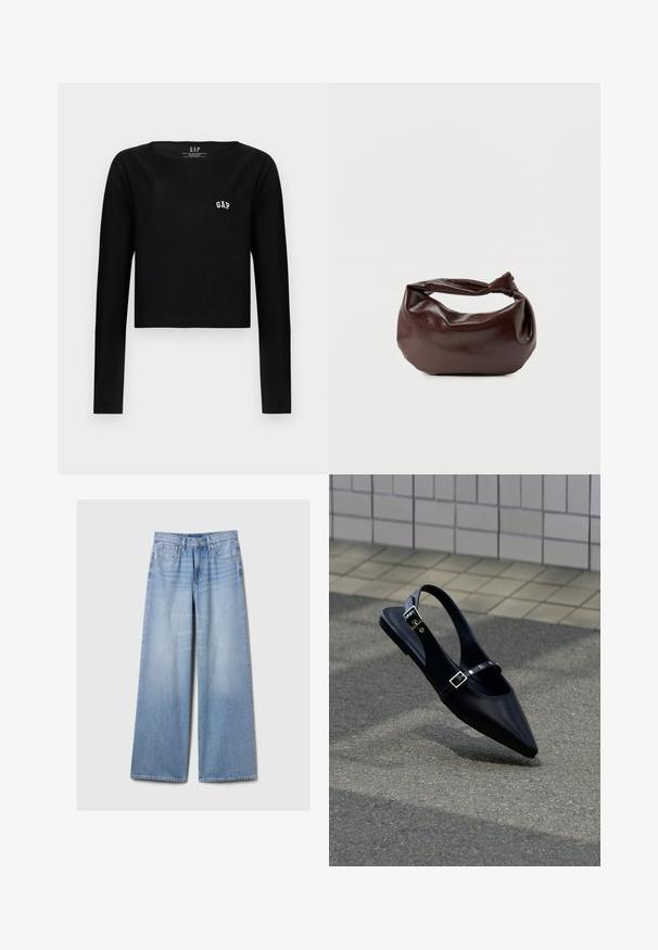 Zwarte lange mouwen crop top van katoen met een ronde halslijn en geborduurd "GAP" logo in het wit op de borst. Gladde textuur.; Lichtblauwe denim jeans met wijde benen, met voorzakken, riemlussen en een knoop- en ritsluiting.; Zwarte platte slingback met spits toelopende neus en dubbele gespsluitingen, rustend op grijs asfalt bij een achtergrond van betegelde muur.; Donkerbruine leren schoudertas met een zachte, slungelige vorm en een gedraaide knoopvormige handgreep op een effen witte achtergrond.