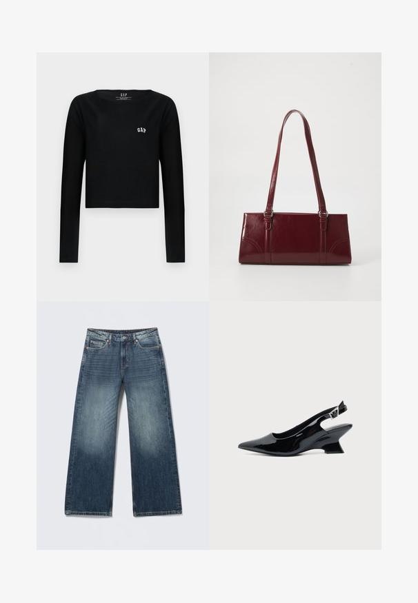 Čierny dlhý rukáv crop top vyrobený z bavlny s okrúhlym výstrihom a bielou vyšitou logom "GAP" na hrudi. Hladká textúra.; Modré džínsové nohavice s širokými nohavicami, zapínaním na gombík a zips, prednými a zadnými vreckami a vyblednutými detailmi na stehnách a kolenách.; Čierna lakovaná slingback topánka so špicatou špičkou a nízkym šikmým blokovým opätkom na jednoduchom svetlom pozadí.; Bordová kabelka vyrobená z lesklého materiálu, obdĺžnikový tvar, s dvoma ramennými popruhmi a jemnými zakrivenými akcentmi na prednej strane.