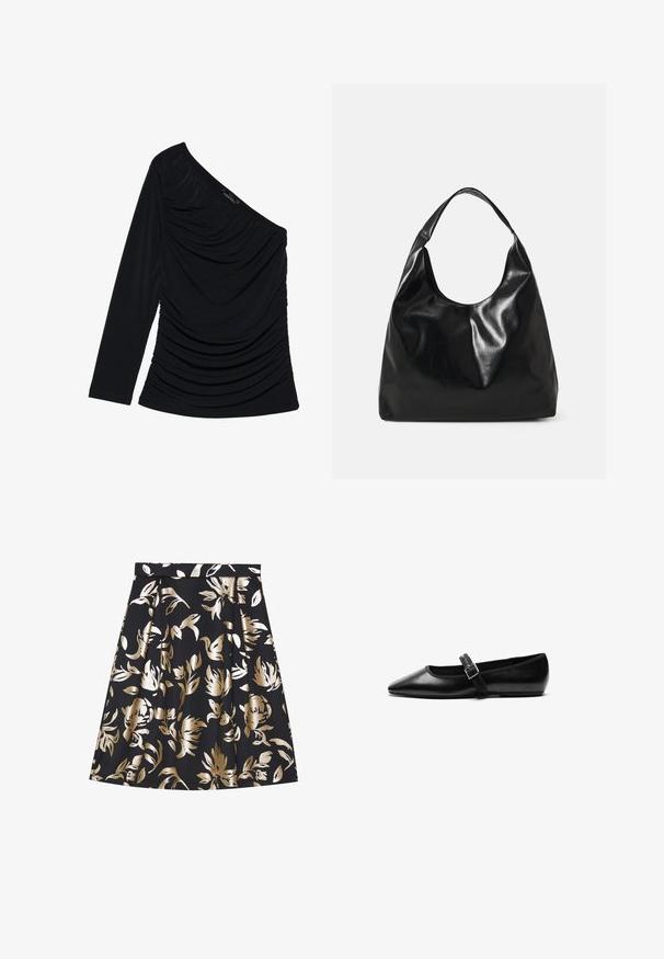 Sort langærmet top med en skulderdesign, tekstureret ruching på fronten og en glat stoffinish.; Anna Field by Zalando A-snit nederdel - black; Sorte flade sko lavet af læder med spidse tæer, justerbar rem med metalspænde, glat tekstur og minimalistisk design.; Sort læder hobo taske med en blød, skinnende tekstur og en rund, åben top. Har en bred, buet strop til bæring. Ingen synlig hardware.