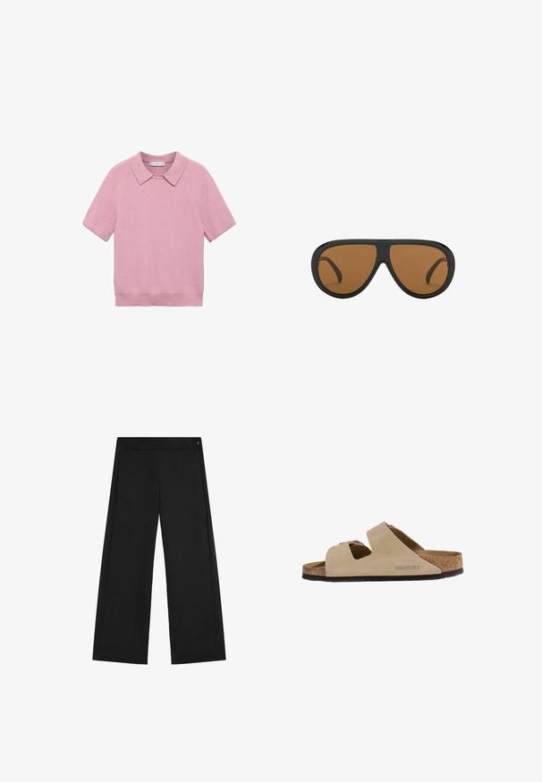Roze kortekarm gebreid topje met een ribbelstructuur, voorzien van een klassieke kraag en een rechte snit. Zachte stof met een gladde afwerking.; Zwarte broek met wijde pijpen, een hoge taille en een kleine zichtbare rits aan de rechterkant, plat getoond op een witte achtergrond.; Beige Birkenstock sandaal met twee brede verstelbare bandjes, kurken voetbed en zwarte zool, zijaanzicht op witte achtergrond.; Zwart omrande pilotenzonnebril met bruin getinte lenzen op een witte achtergrond.