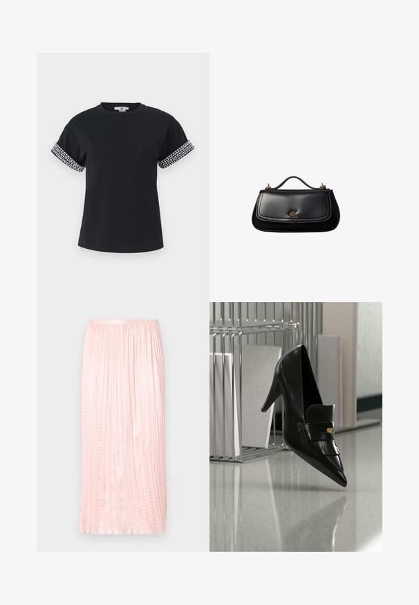 T-shirt noir avec un col rond et des manches courtes à revers, ornées de strass argentés le long de l'ourlet. Texture de tissu douce.; Jupe midi plissée en rose doux, avec une texture lisse et une taille élastique. Conçue avec des plis verticaux pour un aspect fluide.; Chaussure à talon haut en cuir noir avec bout pointu et franges décoratives flottant au-dessus d'un sol brillant près d'une étagère métallique avec des documents.; Sac à main en cuir noir avec une petite poignée, logo "cK" doré sur le rabat avant, et accessoires dorés.