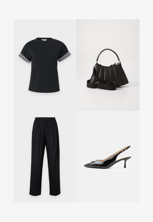 T-shirt noir avec un col rond et des manches courtes à revers, ornées de strass argentés le long de l'ourlet. Texture de tissu douce.; Pantalons noirs au design ajusté, avec une taille haute, des plis et une coupe droite. Fabriqués en tissu lisse de couleur unie.; Escarpin slingback en cuir verni noir avec bout pointu, petit talon kitten et bride à boucle argentée sur fond blanc uni.; Sac à main plissé noir avec une poignée arrondie, une bandoulière réglable et une texture brillante. Présente des accessoires en argent et une silhouette structurée.