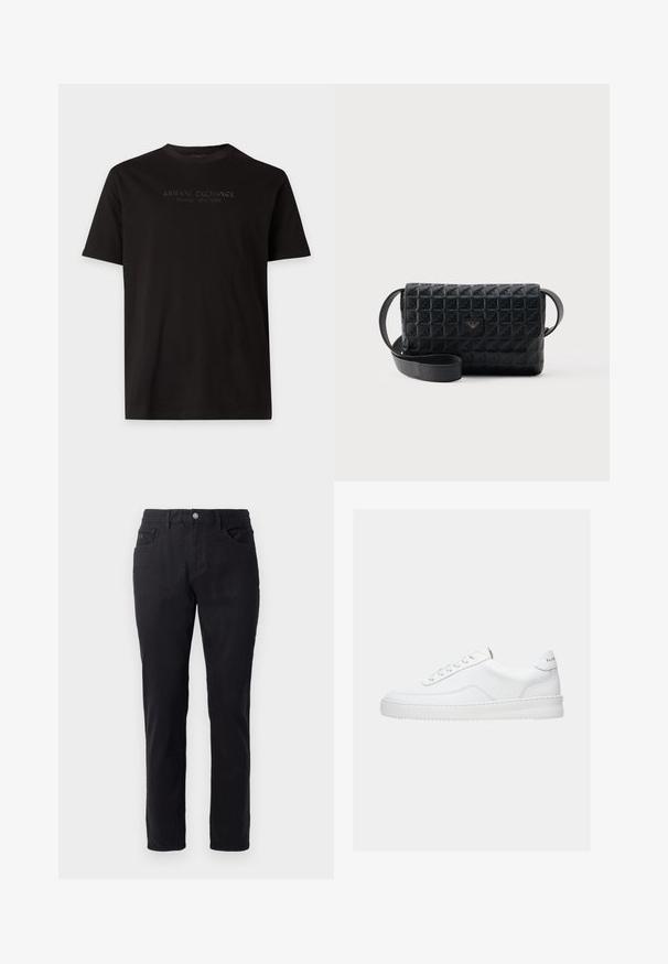 Μαύρο κοντομάνικο t-shirt Armani Exchange με στρογγυλή λαιμόκοψη και ανάγλυφο κείμενο Milano New York στο στήθος.; Μαύρο βαμβακερό παντελόνι με ίσια γραμμή, διαθέτει κλείσιμο με κουμπί, δύο μπροστινές τσέπες και λεία υφή.; Λευκό sneaker χαμηλού τόνου με σχέδιο δέσιμο κορδονιών, λείο δερμάτινο επάνω μέρος και παχύ πάτο, εμφανιζόμενο από πλευρική όψη σε απλό φόντο.; Μαύρη τσάντα χιαστί με υφή, με κλείσιμο με καπάκι και μικρό μεταλλικό λογότυπο στο μπροστινό μέρος, εμφανιζόμενη πάνω σε απλό φόντο.