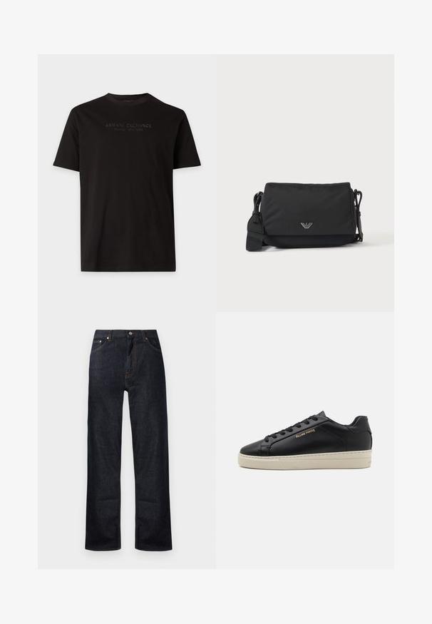 Μαύρο κοντομάνικο t-shirt Armani Exchange με στρογγυλή λαιμόκοψη και ανάγλυφο κείμενο Milano New York στο στήθος.; Σκούρες μπλε τζιν παντελόνες με κατευθείαν γραμμή, πέντε τσέπες και πορτοκαλί ραφές. Μεταλλικό κουμπί και φερμουάρ.; Μαύρο δερμάτινο αθλητικό παπούτσι με λεία υφή, αντίθετη κρέμα σόλα, στρογγυλή μύτη, χρυσό λογότυπο στο πλάι και έξι θυρίδες για κορδόνια.; Μαύρη τσάντα ώμου με ρυθμιζόμενο λουράκι και μικρό ασημί λογότυπο στην εμπρόσθια επικάλυψη, εμφανιζόμενη σε απλό φωτεινό φόντο.
