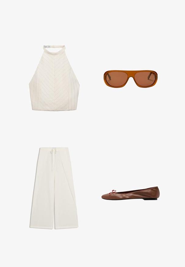 Haut halter crème avec un motif chevron, doté d'un col haut et d'un tissu lisse et soyeux. Pas de matériel ou d'accents visibles.; Pantalon blanc à jambes larges avec un rabat asymétrique à l'avant et une taille à cordon.; Ballerine en cuir marron perforé avec un petit nœud rouge sur l'avant arrondi et un petit talon noir.; Lunettes de soleil rectangulaires marron oversize avec des montures épaisses et des verres teintés assortis, présentées sur fond blanc.