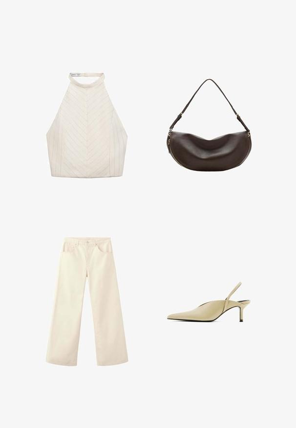 Haut halter crème avec un motif chevron, doté d'un col haut et d'un tissu lisse et soyeux. Pas de matériel ou d'accents visibles.; Pantalon crème à jambes larges et taille haute avec poches avant, passants pour ceinture et fermeture par bouton, présenté sur fond blanc.; Chaussure slingback beige à bout pointu avec un petit talon stiletto et une fine bride réglable autour du talon.; Sac à bandoulière en cuir marron foncé avec une forme courbée, une sangle réglable et une fermeture éclair dorée le long du bord inférieur.