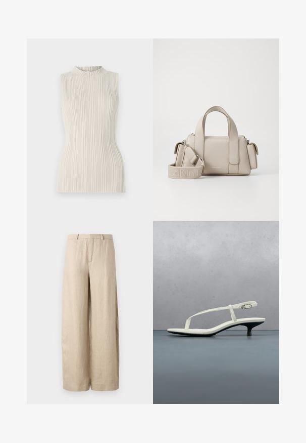 Top sin mangas en un suave beige, con una textura acanalada y un escote alto y fruncido. La silueta ajustada realza la figura.; Pantalones anchos color beige, hechos de lino. Presentan un pliegue frontal, dos bolsillos laterales y una cinturilla con pasadores para cinturón. Textura suave.; Sandalia blanca de tacón kitten con tiras y punta afilada, flotando sobre un suelo de baldosas de madera al aire libre, con un fondo desenfocado de plantas y pared.; Bolso beige con diseño estructurado, hecho de material sintético. Cuenta con dos asas superiores, una correa para el hombro desmontable y un bolsillo con cremallera.