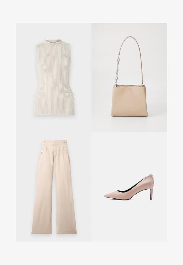 Top sin mangas en un suave beige, con una textura acanalada y un escote alto y fruncido. La silueta ajustada realza la figura.; Pantalones de pierna ancha beige hechos de algodón, con plisados en la parte frontal y una textura suave. El diseño incluye una cinturilla estándar y sin patrón visible.; Zapato de tacón alto beige con punta estrecha y tacón de aguja delgado sobre un fondo blanco liso.; Bolso de mano de piel beige con una textura suave, con un acento de cadena plateada en el asa y un cierre de cremallera. "HUGO" grabado en la parte frontal.
