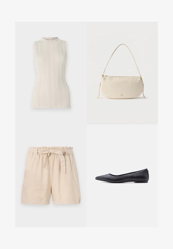 Ærmeløs top i lys beige, med ribbet tekstur og en høj, samlet halsudskæring. Tætsiddende silhuet fremhæver formen.; Beige linnedshorts med elastisk livrem, flæset kant og en aftagelig bælte i snor. Har en afslappet pasform og glat, tekstureret stof.; Sort flad lædersko med spidst tåparti og lav hæl, vist i sideprofil mod en hvid baggrund.; Kræmmerhvid lille skuldertaske med enkelt rem, lynlås og diskret gyldent mærkelogo på forsiden.