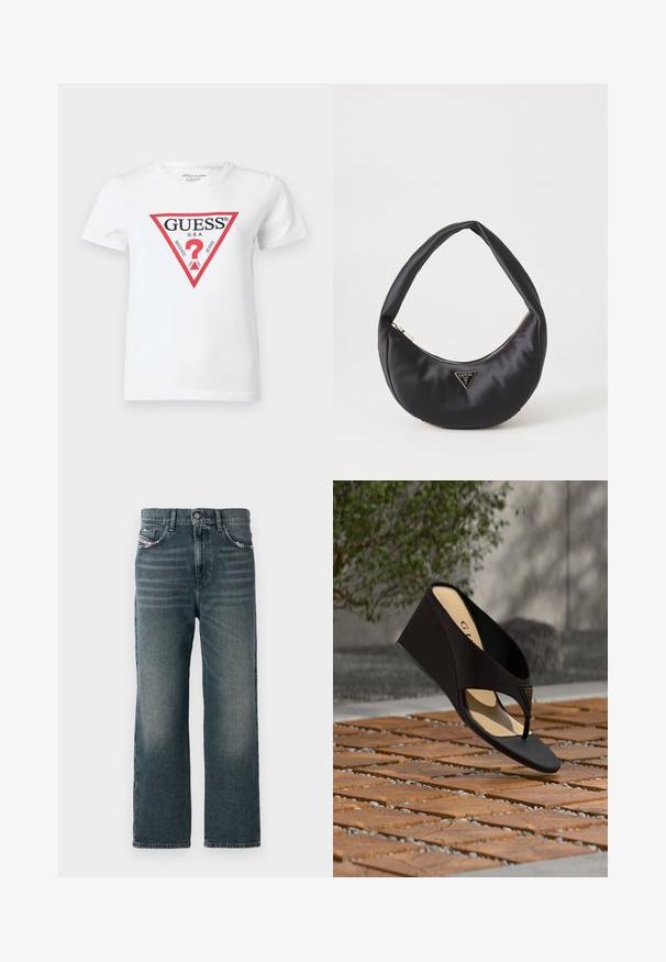 Camiseta blanca de algodón con un logo triangular rojo que incluye el texto "GUESS U.S.A." y varias fechas. Manga corta y cuello redondo.; Jeans rectos de color azul oscuro con una textura desgastada, diseño de cinco bolsillos y un pequeño detalle de logo en el bolsillo frontal.; Sandalia de cuña negra con tira en el dedo y emblema dorado de logo triangular, mostrada sobre suelo de ladrillo texturizado con vegetación y pared al fondo.; Bolso de satén negro con forma curva, que cuenta con un cierre de cremallera y un logo triangular en metal en la parte delantera. Textura suave y diseño elegante.