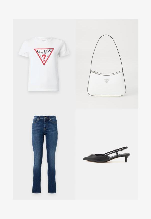 Camiseta blanca de algodón con un logo triangular rojo que incluye el texto "GUESS U.S.A." y varias fechas. Manga corta y cuello redondo.; Jeans ajustados de color azul oscuro, confeccionados en denim, con una cinturilla estándar, bolsillos frontales y detalles de costura sutiles.; Zapatos slingback negros con punta afilada, hechos de material suave, con un pequeño tacón y un acento decorativo plateado en el empeine.; Bolso de mano blanco con un diseño elegante y curvado, que cuenta con una delgada correa negra y un acento de logotipo triangular plateado. Textura suave y un detalle mínimo.