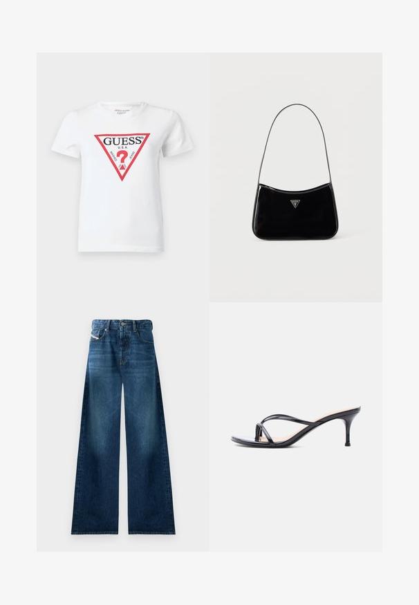 Camiseta blanca de algodón con un logo triangular rojo que incluye el texto "GUESS U.S.A." y varias fechas. Manga corta y cuello redondo.; Jeans de mezclilla de pierna ancha en lavado oscuro. Presentan un diseño tradicional de cinco bolsillos, cierre de botón y un ligero desgaste en los muslos.; Sandalia de tacón de charol negro con tiras finas cruzadas y un tacón de aguja delgado de altura media, sobre un fondo blanco.; Bolso de hombro de charol negro con correa delgada, logotipo triangular de Guess en el frente y cierre superior con cremallera.