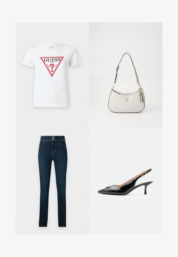 Camiseta blanca de algodón con un logo triangular rojo que incluye el texto "GUESS U.S.A." y varias fechas. Manga corta y cuello redondo.; Jeans ajustados de color azul oscuro con cinco bolsillos, cierre de cremallera y botón, y costuras en contraste, fabricados en tela de denim.; Tacón slingback de charol negro con puntera puntiaguda, tacón pequeño tipo kitten y correa con hebilla plateada sobre un fondo blanco liso.; Bolso blanco texturizado con forma curva, herrajes dorados, una correa desmontable y un acento de logo. Incluye una etiqueta de llavero con la marca.