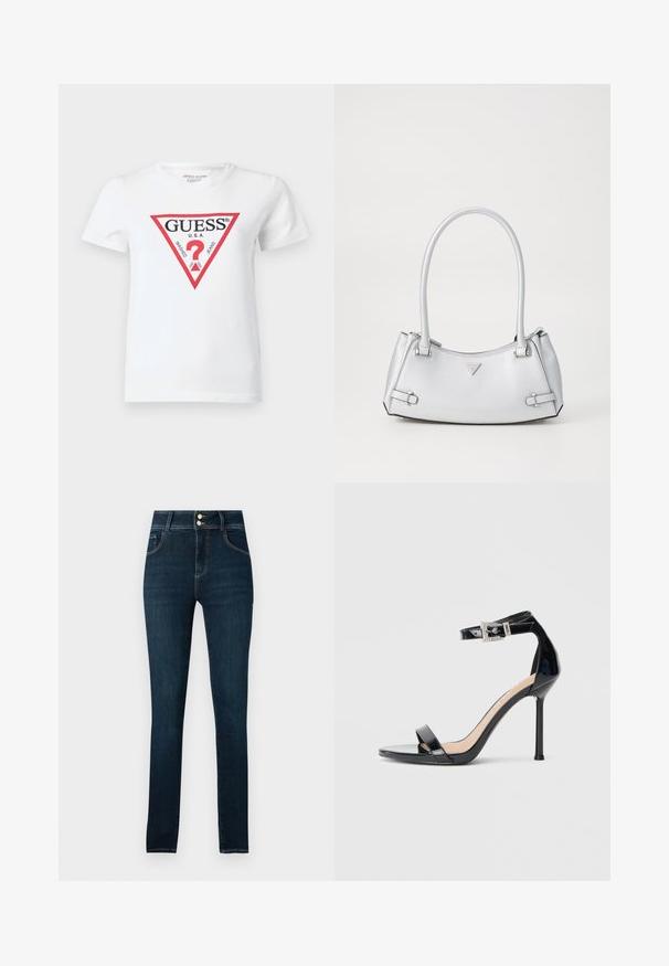Camiseta blanca de algodón con un logo triangular rojo que incluye el texto "GUESS U.S.A." y varias fechas. Manga corta y cuello redondo.; Jeans ajustados de color azul oscuro con cinco bolsillos, cierre de cremallera y botón, y costuras en contraste, fabricados en tela de denim.; Sandalia de tacón alto en piel sintética negra con correa en el tobillo. Presenta un diseño minimalista, punta abierta y una hebilla con detalles de pedrería.; Bolso de mano plateado con un diseño estructurado, que cuenta con dos asas, textura brillante, herrajes de acento y un logo triangular en la parte frontal.